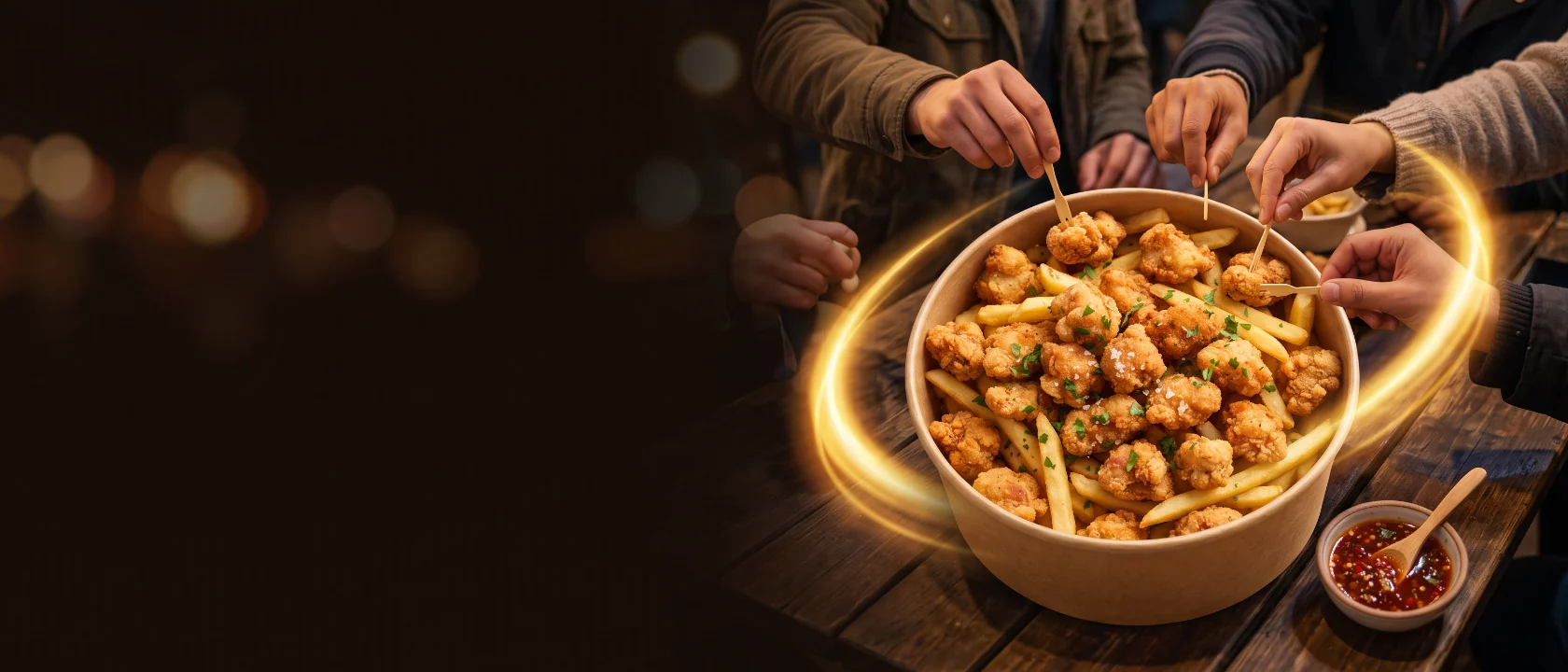 Teman-teman berbagi semangkuk besar chicken pop dan kentang goreng dengan saus sambal