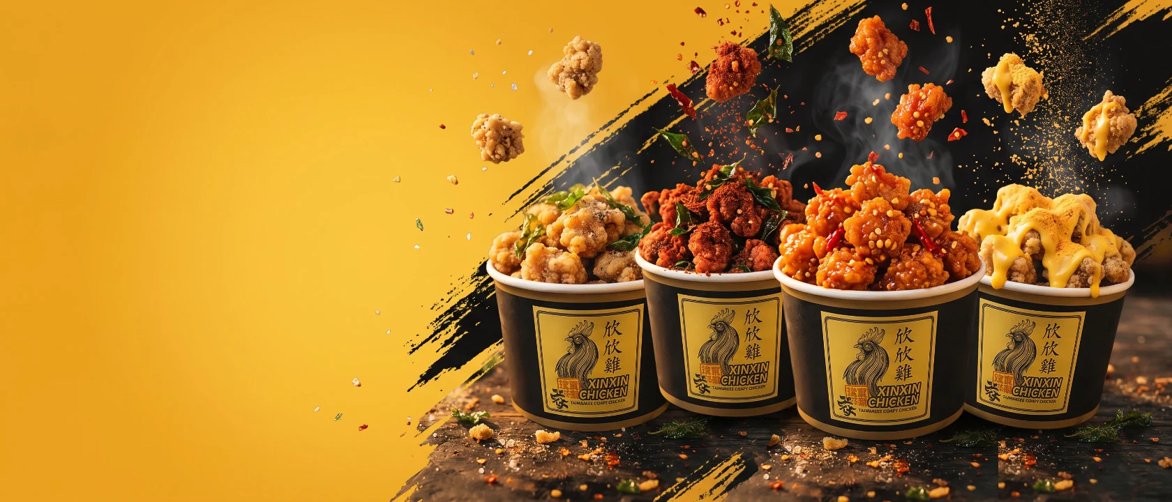 Empat cup XinXin berisi chicken pop rasa original, pedas, balado, dan keju