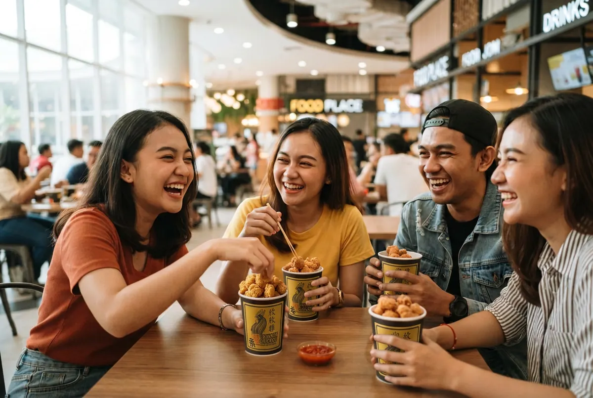 Empat teman tertawa sambil menikmati XinXin Chicken di food court